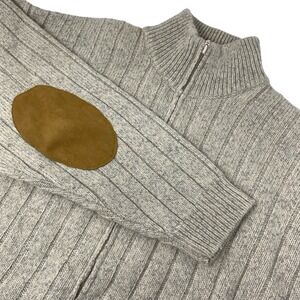 Orvis Mens Wool Blend Full‎ Zip Ribbed Sweater with Elbow Patches Oatmeal Medium